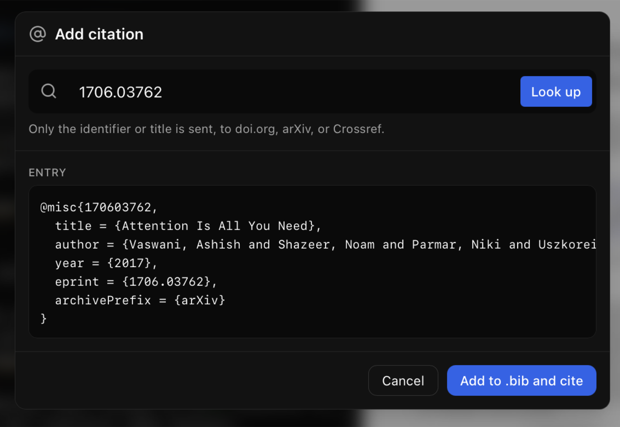 The Add citation dialog with a fetched BibTeX entry