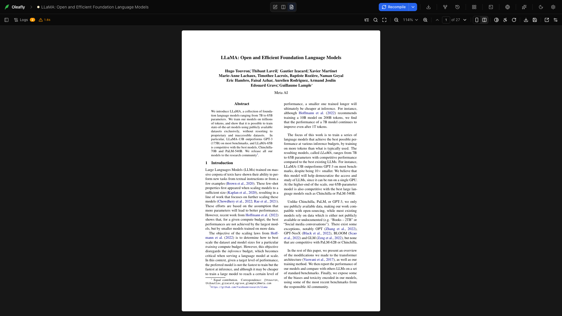 LLaMA in PDF-only view, with zoom, page navigation, search, and export controls above the paper