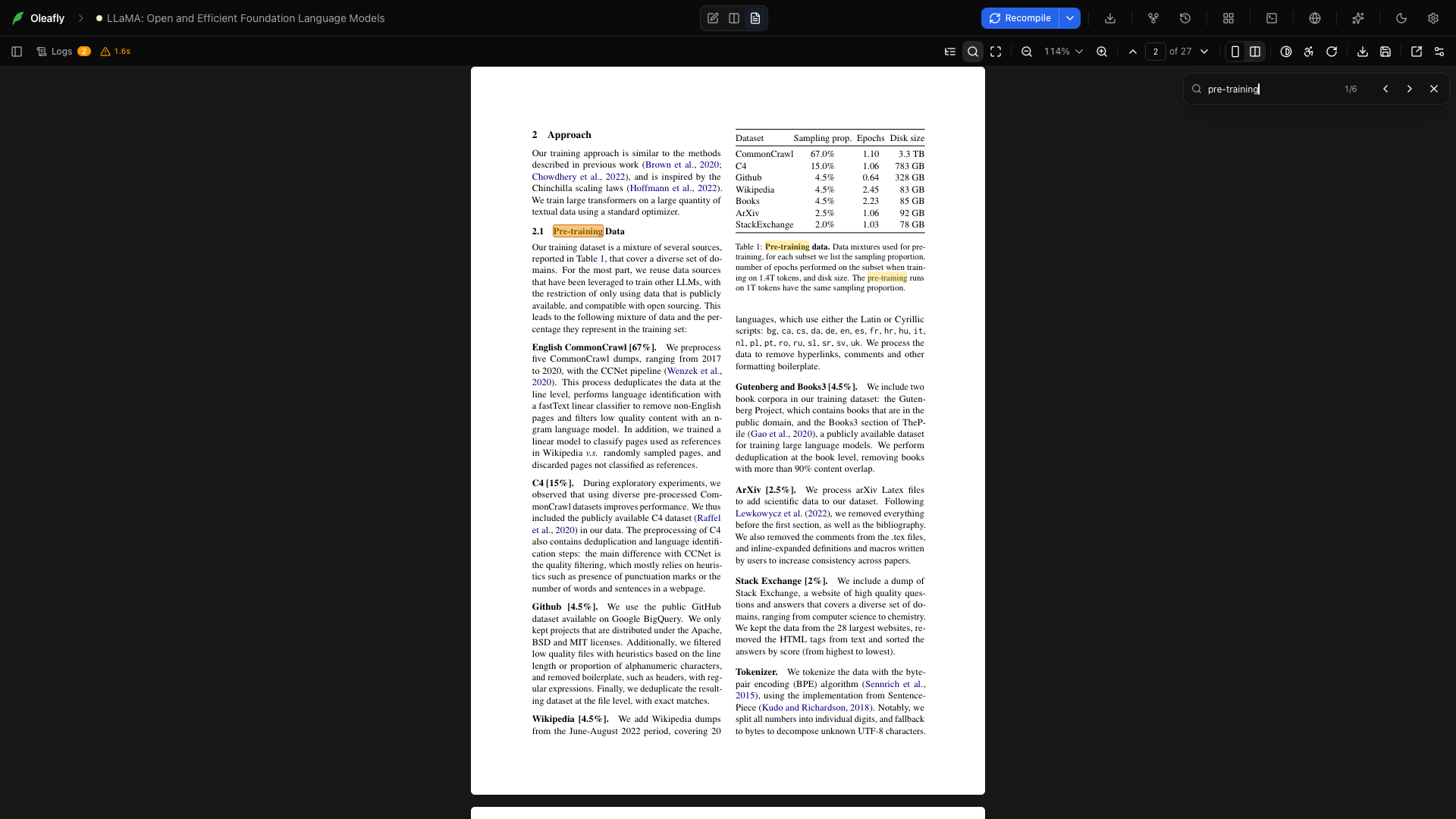 Search PDF opens the field at the upper right. Matches are highlighted in LLaMA, with previous and next result controls beside the count.