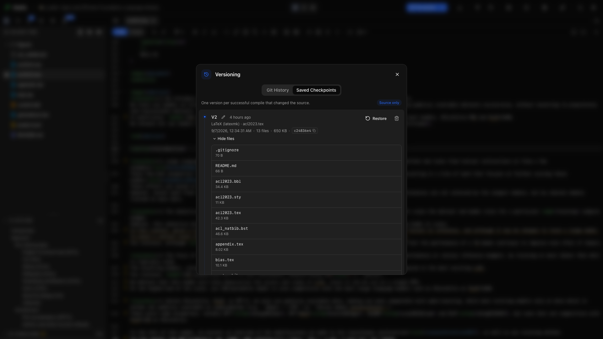 Versioning → Saved Checkpoints in LLaMA. Expand Show files to see the source and assets recorded in that version.