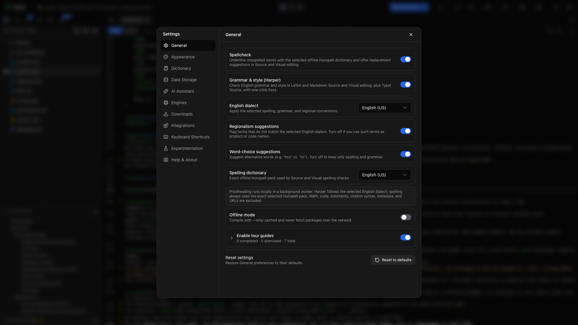Settings → General. Proofreading controls are above Offline mode and the tour settings.