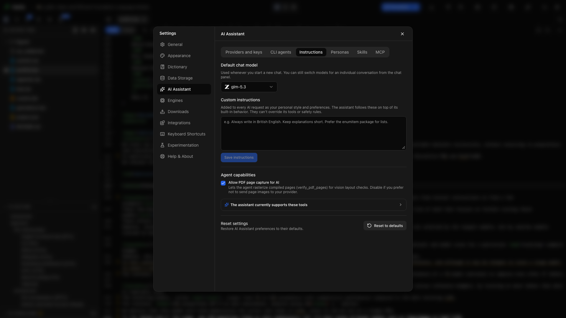 Settings → AI Assistant → Instructions. Set the default model, write your instructions, then use Save instructions. PDF page capture is below the text field.