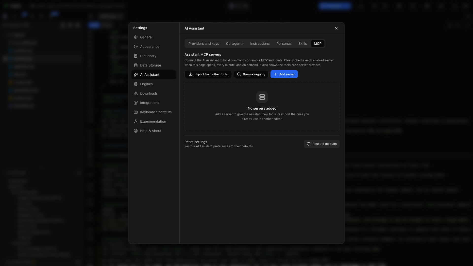 Settings → AI Assistant → MCP. Add a server, browse the registry, or import configurations from another tool.