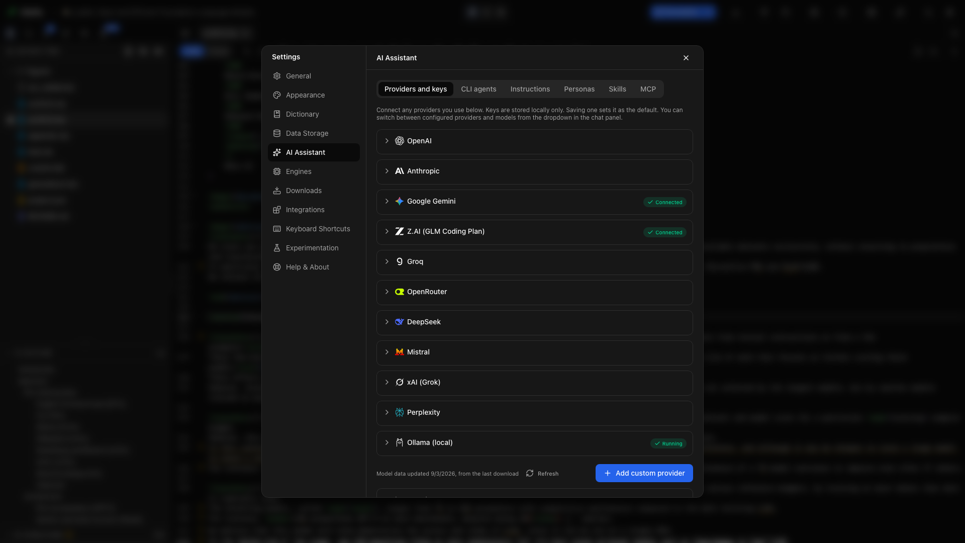Settings → AI Assistant → Providers and keys. Expand Ollama (local) at the bottom of the provider list to check the server and choose a model.