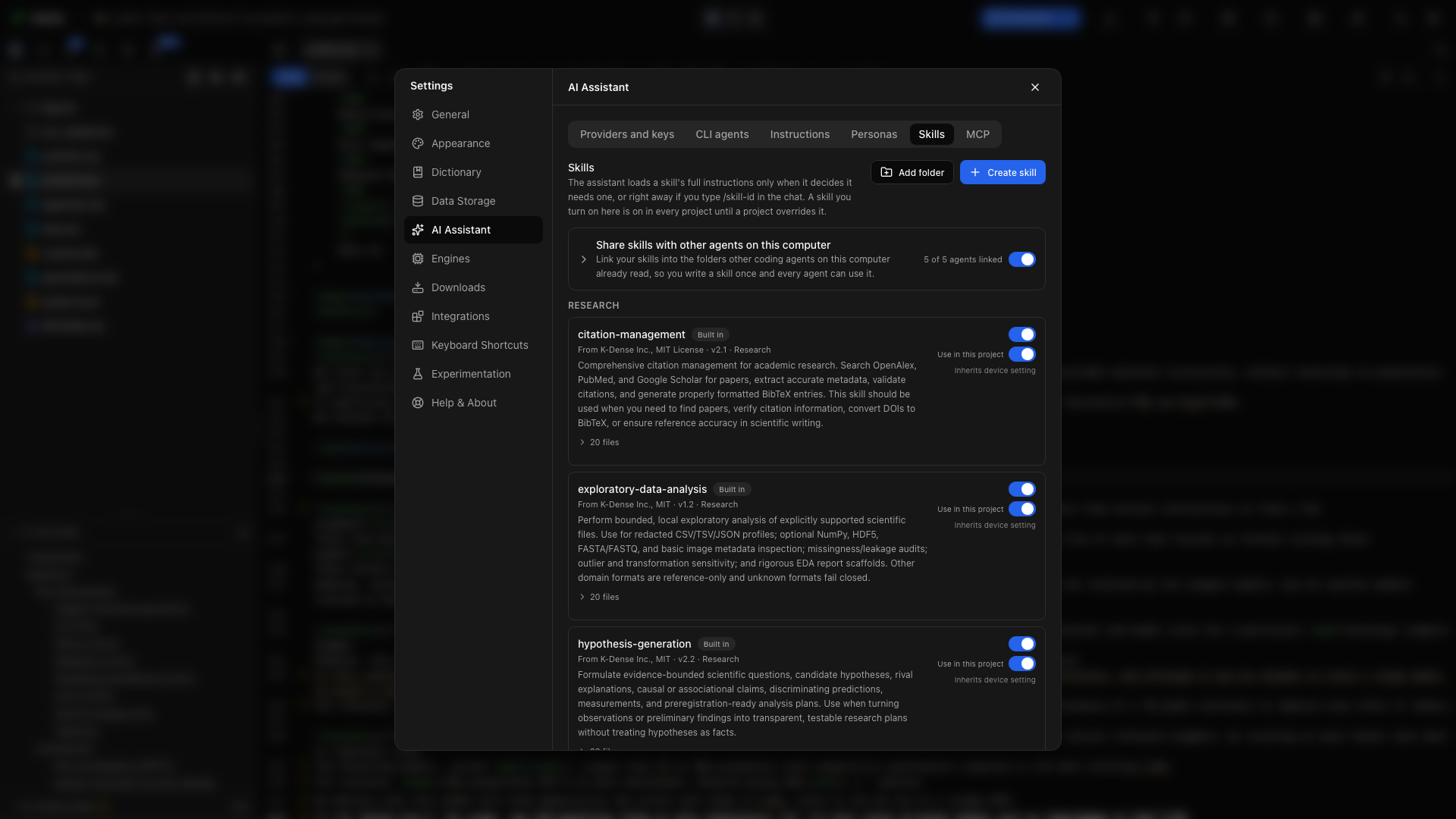 Settings → AI Assistant → Skills. Add a folder or create a skill at the top; each skill has global and project switches.