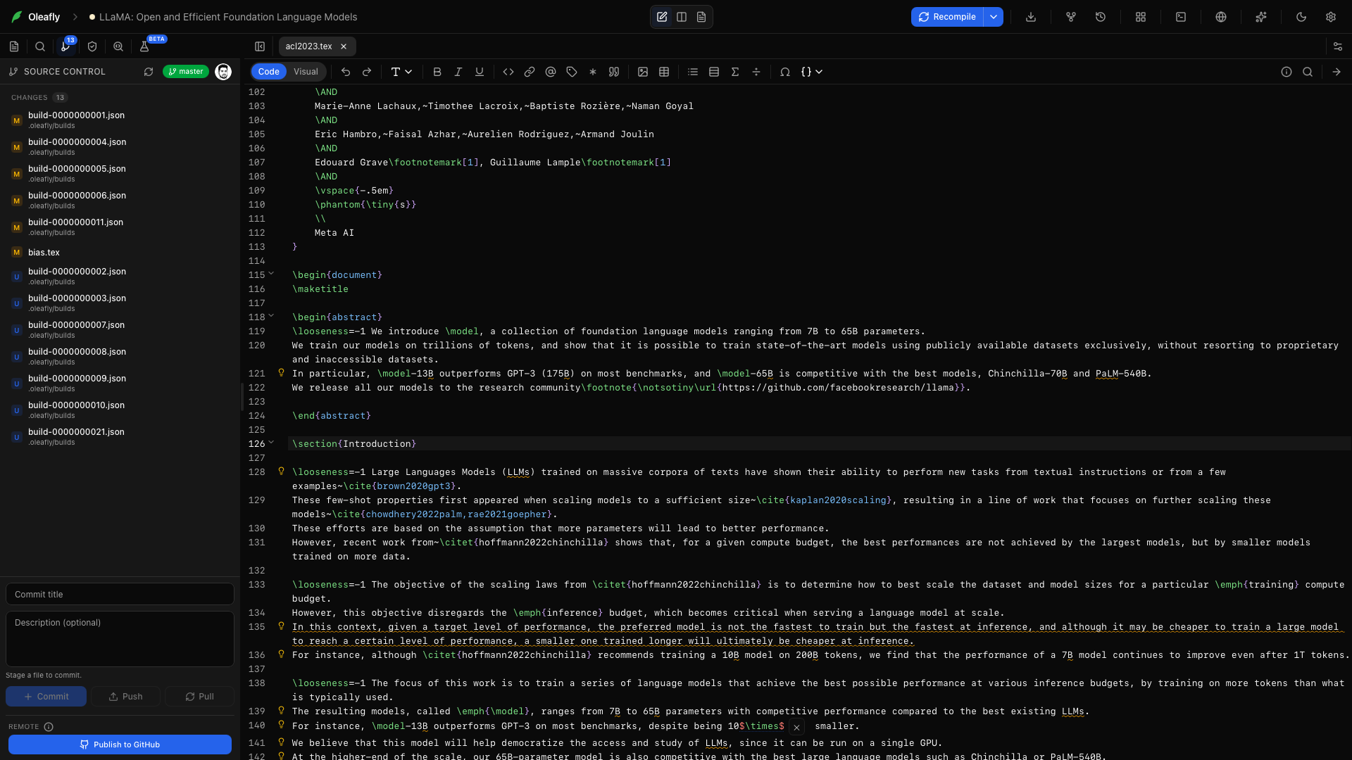 Source Control in LLaMA. Open a changed file to review it, then stage the files you want in the next commit.