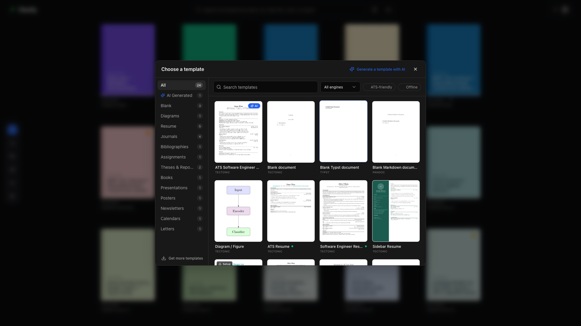 Template gallery in the current Oleafly app, with category filters, engine selection, and document previews.