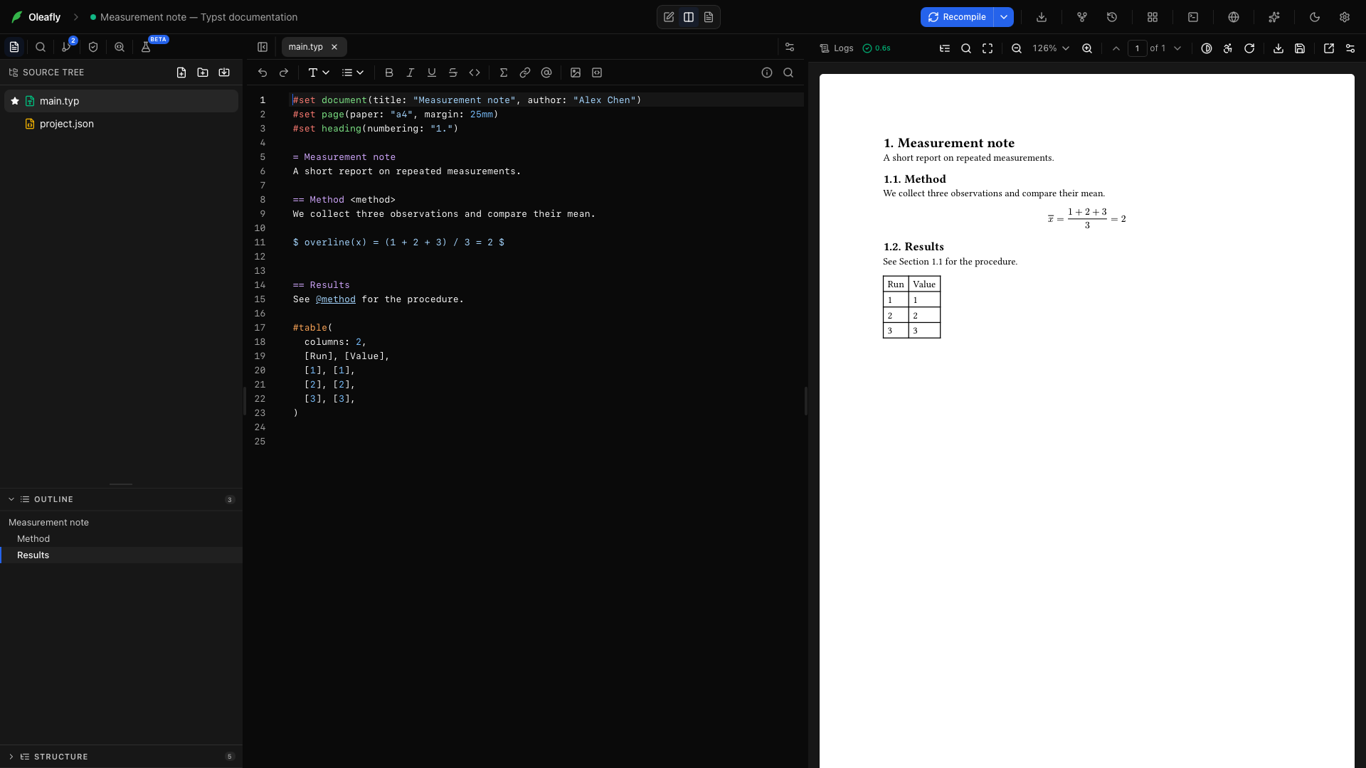 The Typst example with its formatting toolbar, source, and compiled report.
