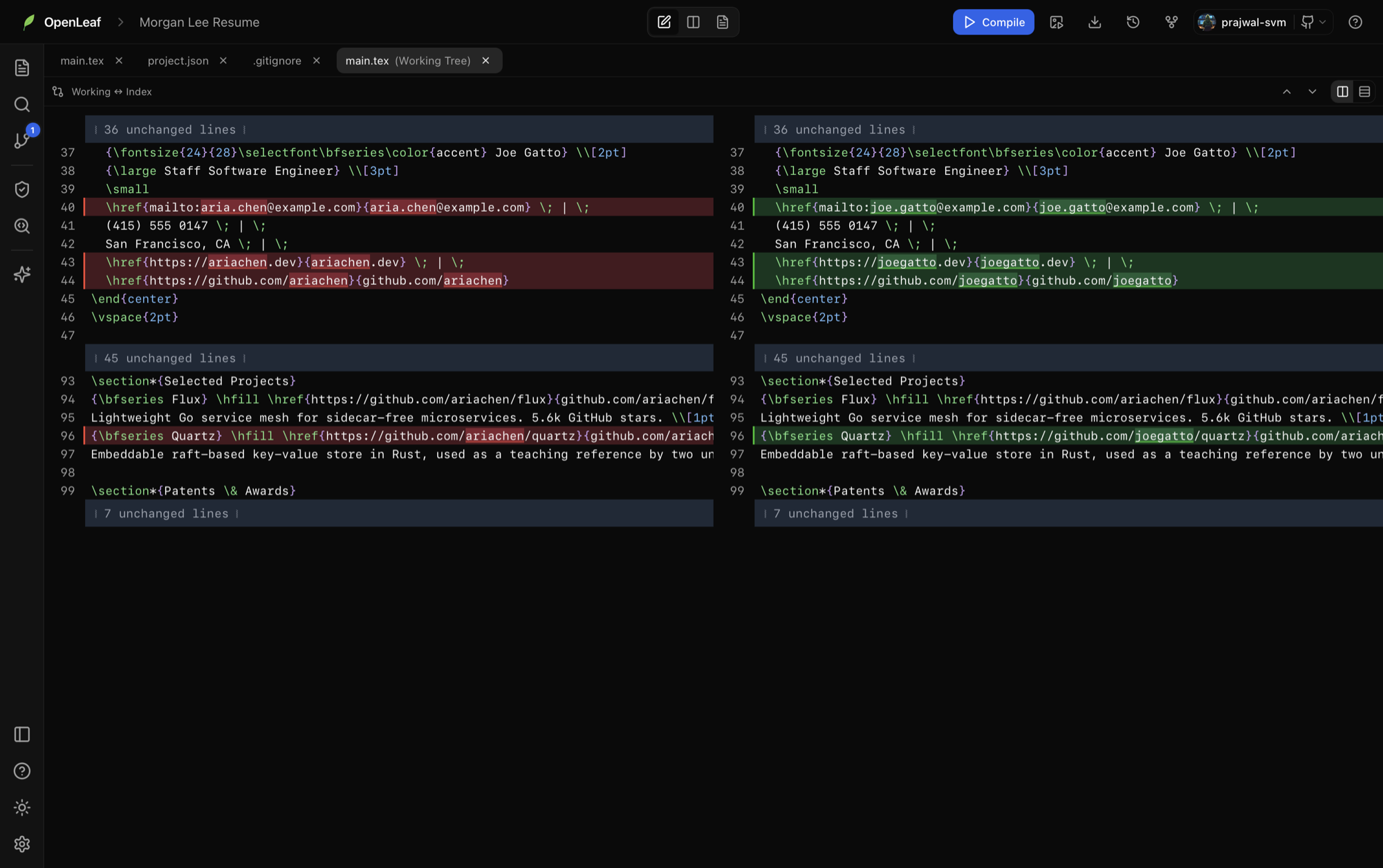 A side-by-side diff of working changes
