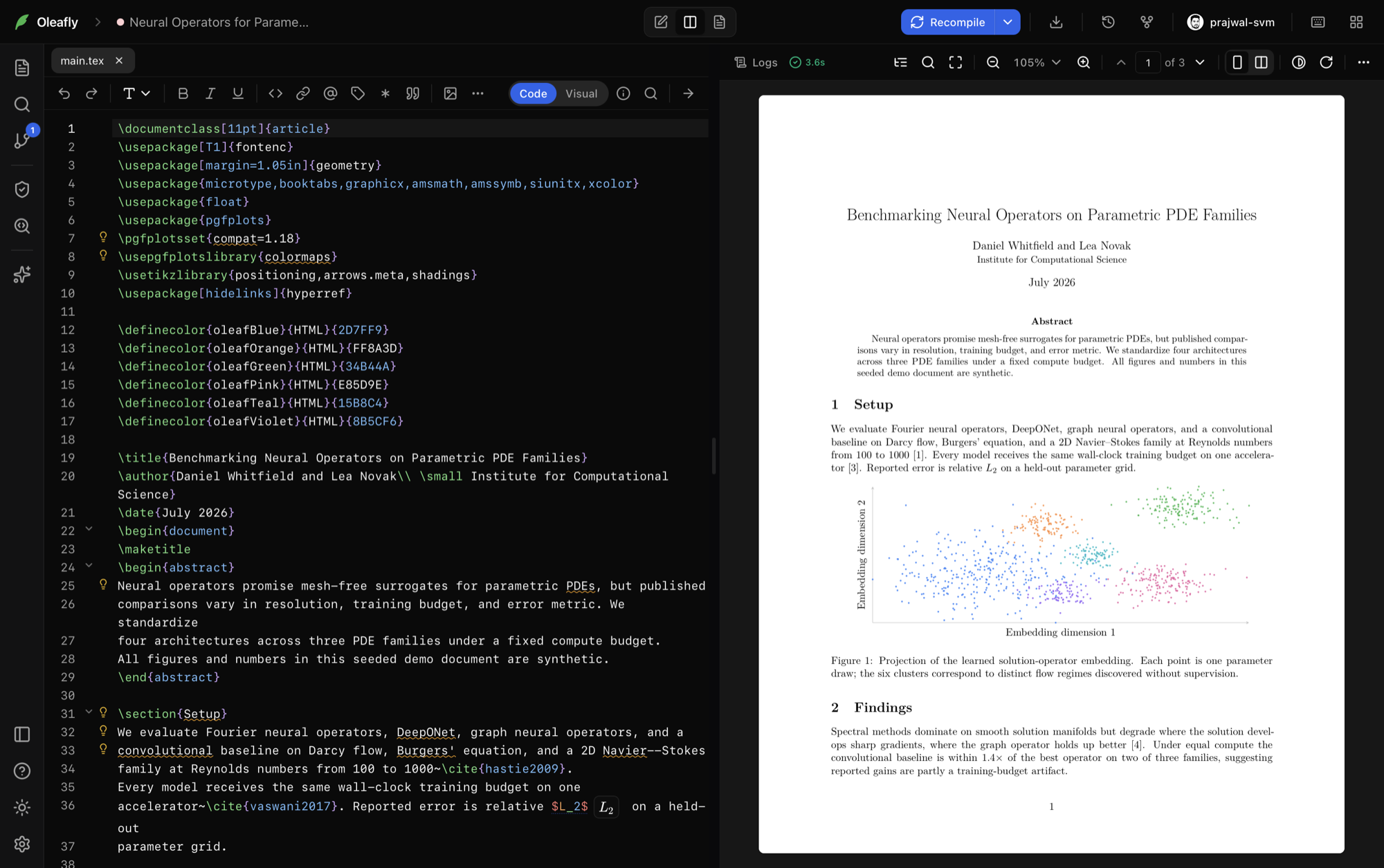 Oleafly: the editor on the left, the compiled PDF on the right