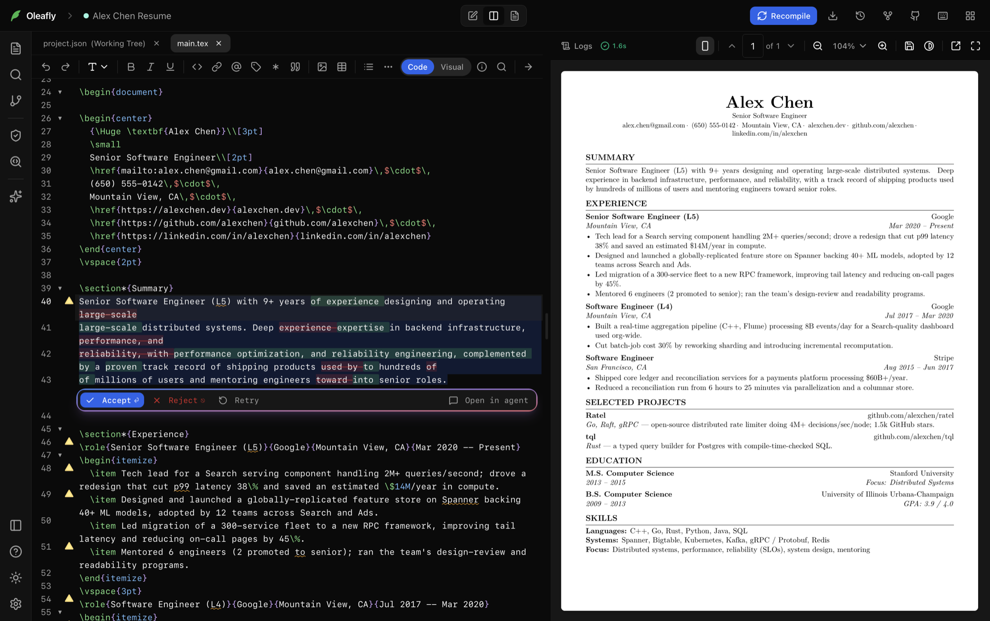 An inline AI edit reviewed as a red/green diff