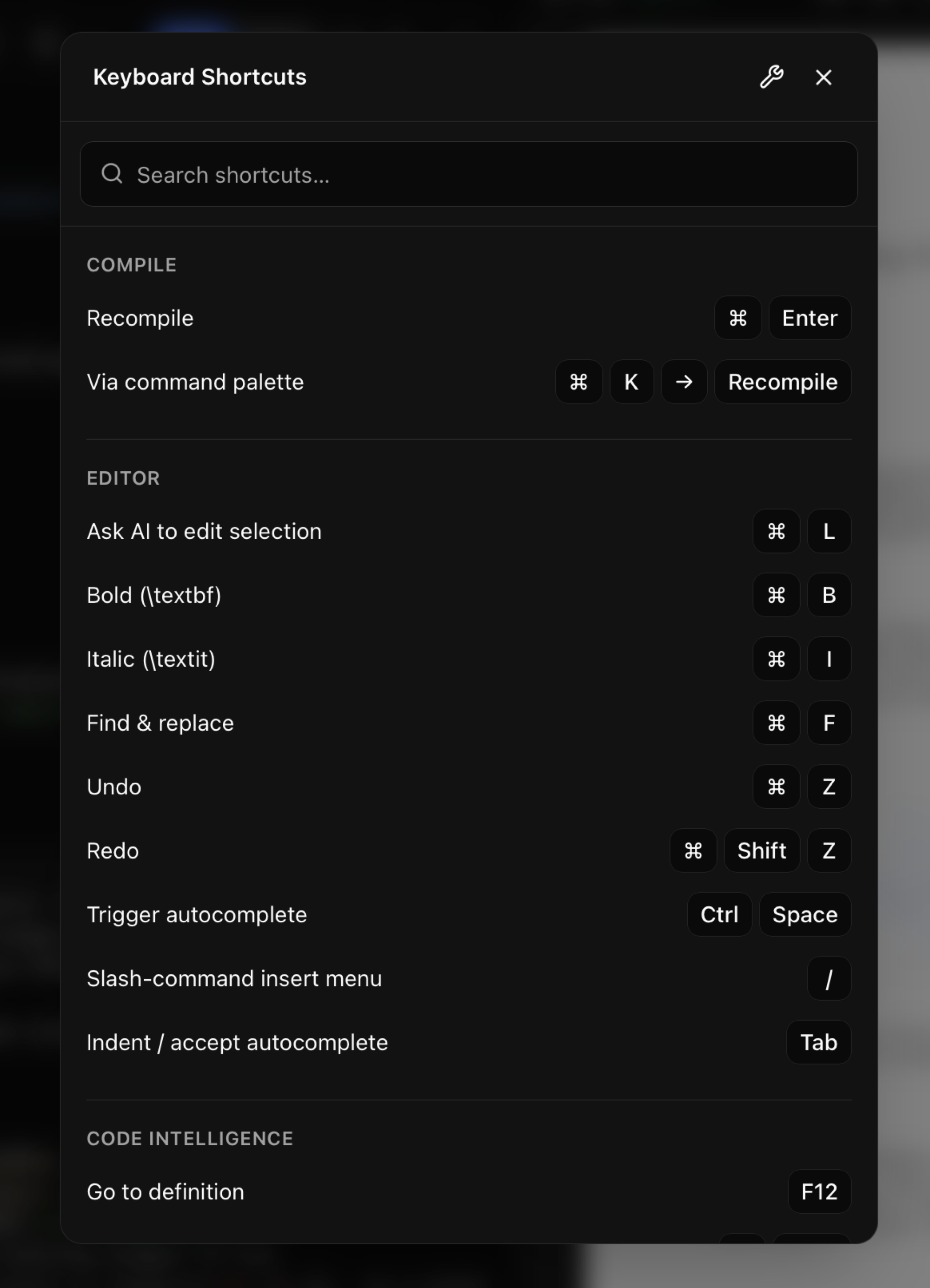 The searchable in-app keyboard shortcuts reference
