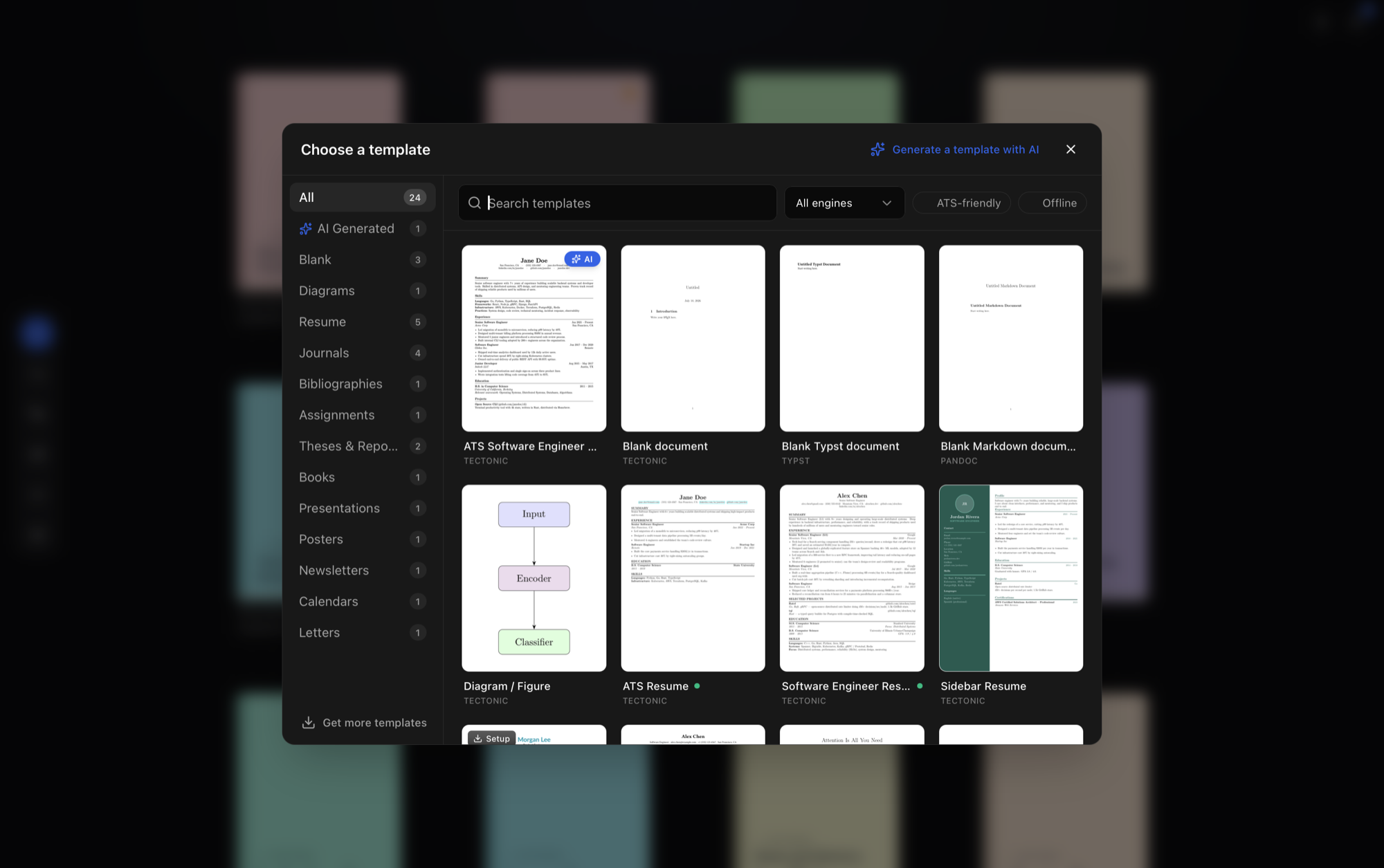 The template gallery with category rail, search, and page-one previews