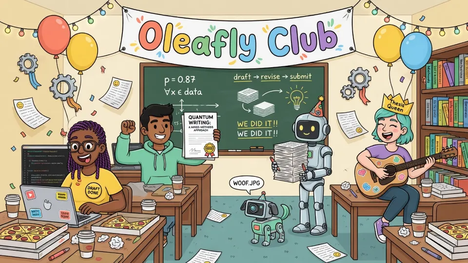The Oleafly Club: an illustrated celebration of researchers at work, complete with a robot dog, math jokes, and a thesis crown